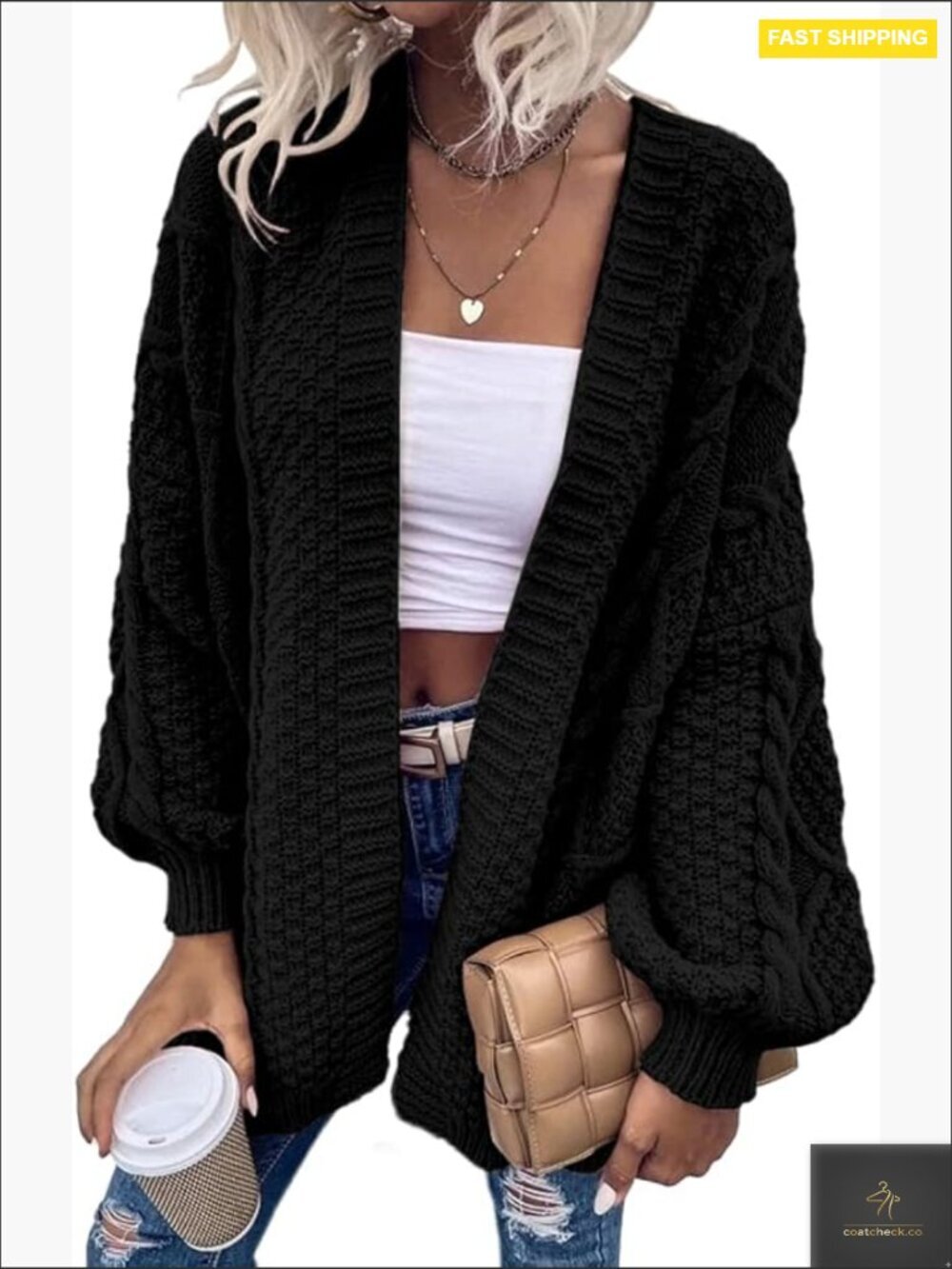 Oversized Open Front Cable Knit Cardigan Chunky Long Sleeve V-Neck Winter Coat